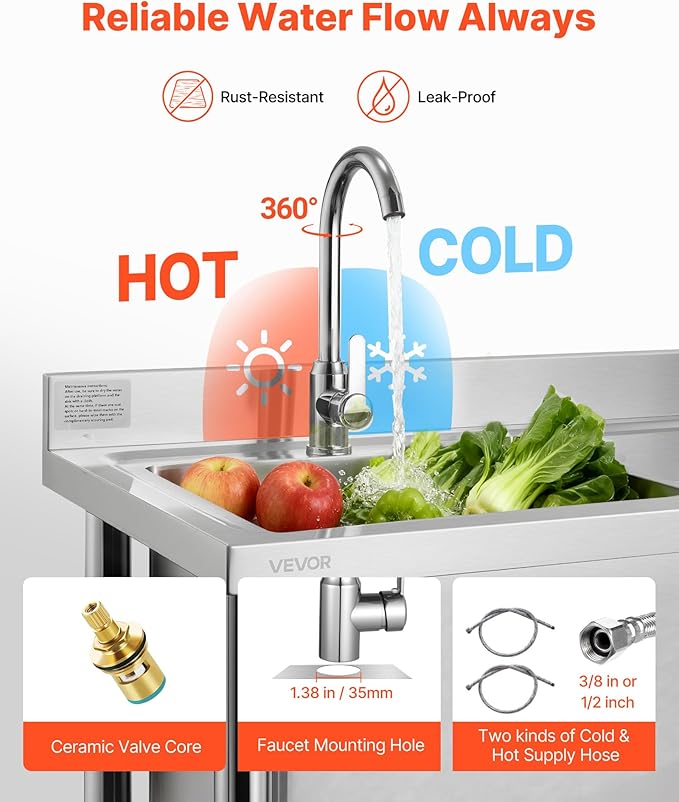 VEVOR Stainless Steel Utility Sink, Free Standing Single Bowl Commercial Kitchen Sink with Faucet and Hot & Cold Water Pipe, Dual Storage Shelves for Garage, Restaurant, Laundry, 47.2 x 19.7 x 37 in