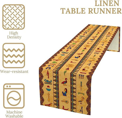 Egyptian Table Runner, Colorful Ancient Egyptian Hieroglyphs Floral Geometric Table Runner for Kitchen Family Dining Holiday Party Farmhouse 13x90in