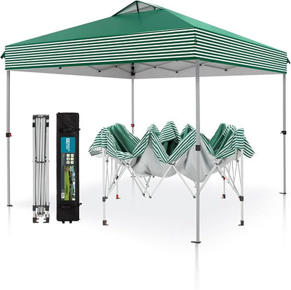 PHI VILLA Pop Up Canopy 10 10 Tents for Parties with Wheeled Bag, Portable Lightweight Folding w/Adjustable Height,Green and White Stripes?Green Stripe