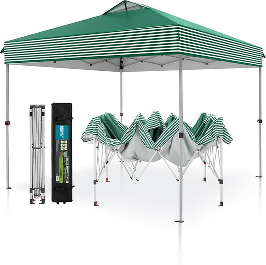 PHI VILLA Pop Up Canopy 10 10 Tents for Parties with Wheeled Bag, Portable Lightweight Folding w/Adjustable Height,Green and White Stripes?Green Stripe