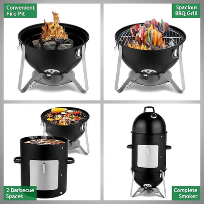 4-Tier 3-in-1 Vertical Charcoal Grill, BBQ Charcoal Smoker with Built-in Thermometer, Air Vent, and Access Doors, Perfect for Camping, Picnics, Backyard BBQs, and Tailgating Parties