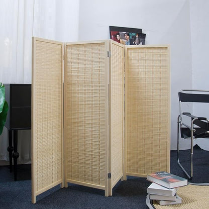 4 Panel Short Room Divider Screen,Beige Freestanding Partition,Small Bamboo Panel Divider for Room Seperation,3.95 FT Tall