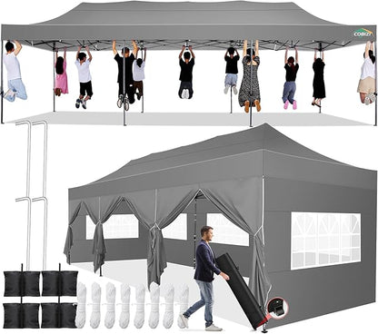 COBIZI 10x30 Pop up Canopy Tent 10x30 Canopy with Sidewall Waterproof Heavy Duty Commercial for Parties Outdoor Garden Gazebo Tent, Carry Bag with Wheel(10x30ft with Sidewalls,Gray)