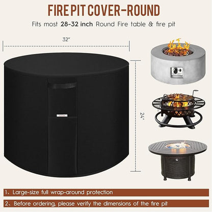 Fire Pit Cover Outdoor Round 32"D X 24"H Heavy-Duty Waterproof 600d Oxford Fading Resistant Tear-Resistant Patio Gas Fire Pit Table Cover