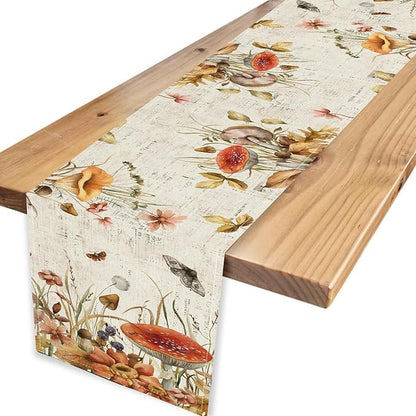 Mushroom Table Runner, Rustic Farmhouse Wildfloral Fall Autumn Leaves CountryCoffee Table Center Decor for Home Kitchen Dining Patio Holiday Party Indoor Outdoor Table Decorations, 13"x72" Inch