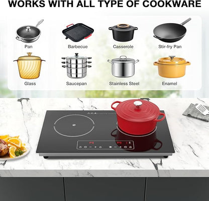 Electric Cooktop,110V 2400W 2 Burner Electric Cooktop,Countertop and Built-in Stove top with 9 Power Levels,Child Safety Lock, Timer, LED touch control,Overheat Protection