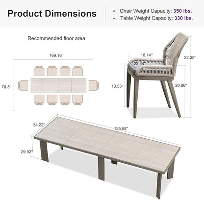 PURPLE LEAF 11 Pieces Patio Dining Set Aluminum Rectangular Table and Wicker Chairs with Cushions for Kitchen Porch Garden Modern Outdoor Furniture Sets, Light Grey