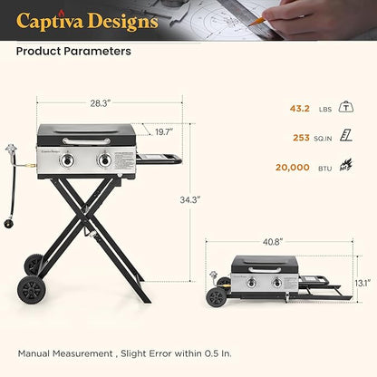 Captiva Designs 17 Inch 2 Burner Portable Propane Gas Griddle Grill with Lid, Outdoor Foldable Flat Top Grill with Stand for Barbecue, Camping and Tailgating