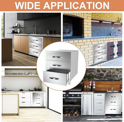 Outdoor Kitchen Drawers, Box Frame Style Flush Mount BBQ Drawer w/Stainless Steel Handle, BBQ Island Drawers For Patio Grill Station,Three Drawers