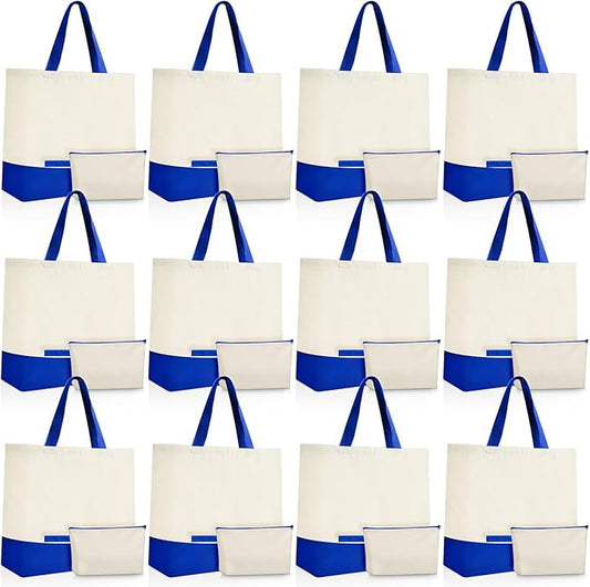 Sanwuta 24 Pcs Canvas Tote Bags Bulk with Zipper Cosmetic Bags 18.5" Cotton Canvas Bag with Handles Reusable Shopping Bags