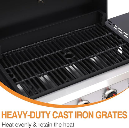 4 Burner Gas Grills Outdoor Cooking Propane Gas Grill BBQ Grill Portable Barbecue Grills with Cast Iron Grate, Pan and Folding Side Table 40000 BTU Output Easy-Clean