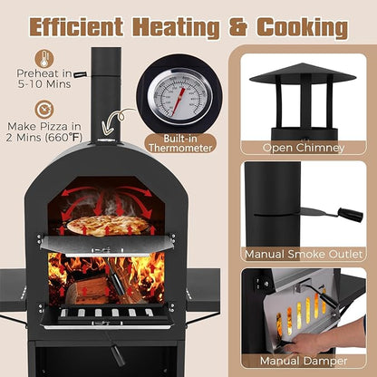 HAPPYGRILL Outdoor Wood Fired Pizza Oven w/Firewood Storage, Side Shelves, Patio Pizza Maker wi/Pizza Stone & Peel, 2 Cooking Grills & Thermometer, Portable Pizza Stove for Backyard Party Camping