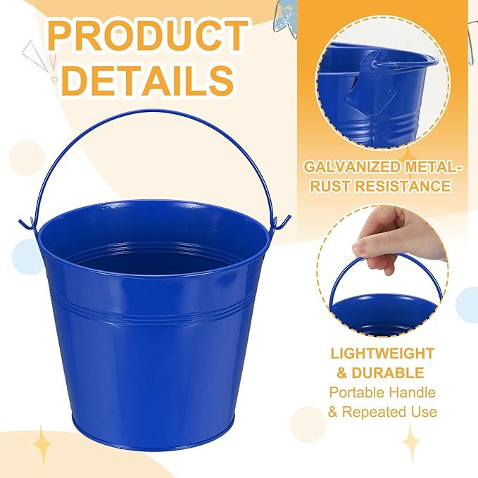 Small Metal Buckets, Mini Buckets with Handle Galvanized Colored Tin Pail Containers Basket Party Supplies - Fit for (Halloween - Classroom Crafts) 7" & 10Pcs & Dark Blue