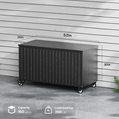 Outdoor Storage Box with Wheels 150 Gallon, Metal Deck Boxes Waterproof, UV Resistant Patio Storage Box with Lid for Patio Furniture, Garden Tools (Black)