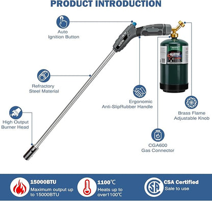 BLUEFIRE 32" Propane Weed Torch, Lightweight Flamethrower for Weeds, Self-Igniting Blow Torch for Weeds, Propane Torch Weed Burner, Portable Weed Killer Torch for Garden, Roof, Snow, and Charcoa