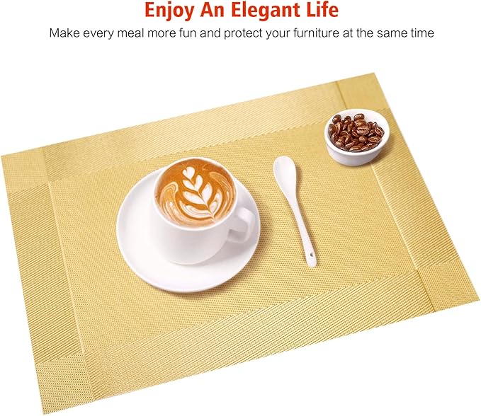 Placemats Set of 8,Washable,Heat and Stain Resistant Indoor/Outdoor Place mats,Vinyl Woven Non Slip Table Mats for Restaurant Table Protection,PVC Placemats(Gold,8PCS)