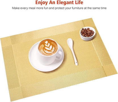 Placemats Set of 8,Washable,Heat and Stain Resistant Indoor/Outdoor Place mats,Vinyl Woven Non Slip Table Mats for Restaurant Table Protection,PVC Placemats(Gold,8PCS)
