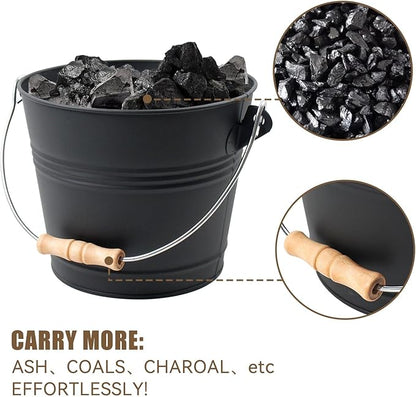 BRIAN & DANY Mini Ash Bucket with Lid and Shovel, 1.3 Gallon Fireplace Bucket with Broom, Ash Can for Fireplace, Ashes, Fire Pit, Wood Burning Stove