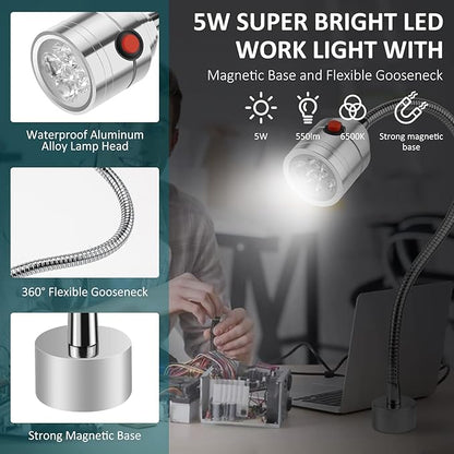 Magnetic Work Light, LED Machine Light with Flexible Gooseneck and Magnetic Base, Shop Tool Lamp for Lathe, Work Bench, Sewing Machine, Grill, Desk, Industrial Lighting Silver