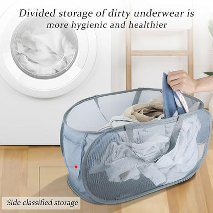 Extra Large Mesh Pop Up Laundry Hamper 2 Pack, 100L Foldable Laundry Baskets, Dirty Clothes Hamper with Pocket, Collapsible Hampers for Travel, Nursery, Dorm or Home. Grey 2H