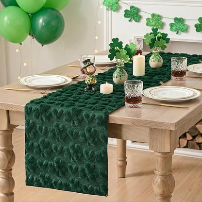 Artoid Mode Green Soft Plush Faux Fur Jacquard Heart Clover St. Patrick's Day Table Runner, Seasonal Kitchen Dining Table Decoration for Home Party Decor 13x90 Inch
