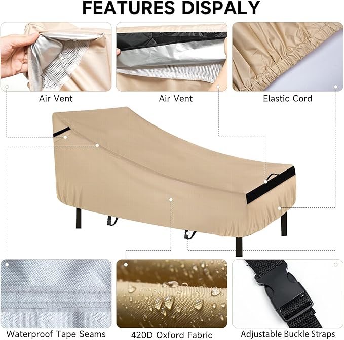 NEVERLAND Chaise Lounge Cover 2 Pack - 420D Lounge Chair Covers Waterproof Outdoor with Air Vents and Adjustable Buckles All Weather Protection - 76L x 32W x 32H inch Golden