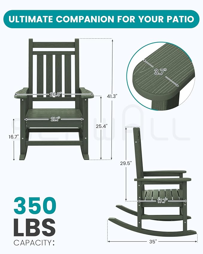 SERWALL Outdoor Rocking Chair for Adults, Avocado Green | 21.1" Widened Seat - Image 2