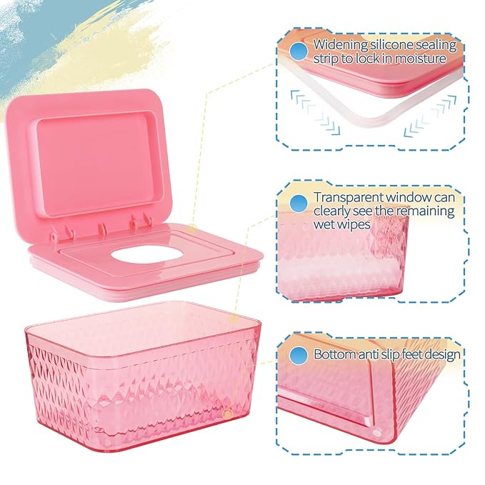 Wipes Dispenser, One-Handed Operation Wipe Holder for Baby & Adult, Seal-Designed Wipes Container for Bathroom Keep Diaper Wipes Fresh (Pink)