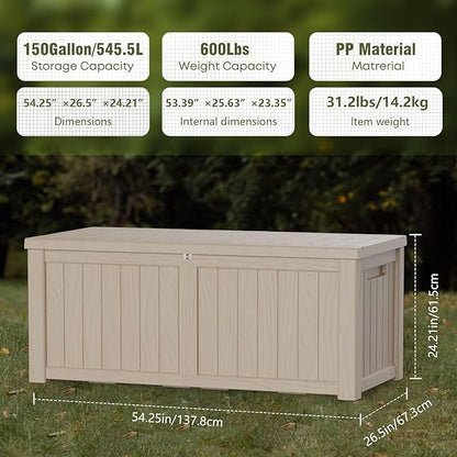 150 Gallon Resin Deck Box, Waterproof Outdoor Storage Box for Patio Furniture, Garden Tools, and Pool Accessories, Lockable UV-Resistant Storage Bin Bench Cabinet for Outside, Grey