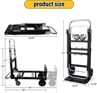 Upgraded 3 in 1 Folding Hand Truck, 600lbs Capacity, Heavy Duty Convertible Dolly with Retractable Handle and 4 Rubber Wheels, Collapsible Cart for Moving Home, Office, Warehouse (Black)