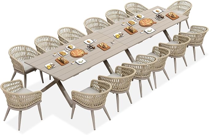PURPLE LEAF 16 Pieces Outdoor Dining Set All-Weather PE Rattan Outdoor Patio Furniture Set with All Aluminum Frame Rectangular Table and Chairs Set for Lawn Garden Backyard Deck, Champagne