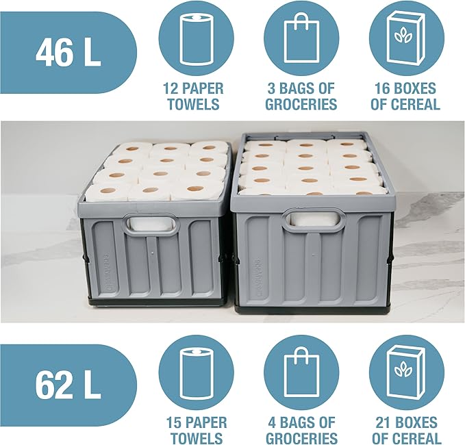 CleverMade Collapsible Storage Bins with Lids - Obsidian 3 Pack 46L- Plastic Containers Stackable Organization Crates Home Closet Space-Saving Durable