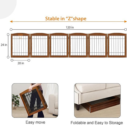 LZRS 6-Panel Extra Wide Wooden Freestanding Dog Gate: Foldable Solid Wood and Steel Wire Chew Resistant Safety Barrier for Doorways, Stairs, and Open Long Spaces Indoor Use, Cherry