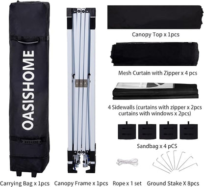 OASISHOME Pop-up Gazebo Instant Portable Canopy Tent 10'x10', with 2 Styles Sidewalls,Netting, Windows, Wheeled Bag, for Patio/Outdoor/Wedding Parties and Events