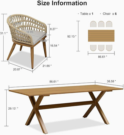 PURPLE LEAF Outdoor Patio Dining Sets All-Weather PE Rattan Patio Furniture Set with All Aluminum Frame Rectangular Table and Chairs 7 Pieces Set for Lawn Garden Backyard Deck, Teak