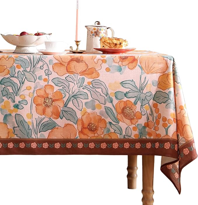 Vintage Linen Long Rectangle Tablecloth,Italian Orange Floral Soft and Wrinkle Resistan Table Cloth,Decor Table Cover for Kitchen,Dining,Thanksgiving,Christmas,63"*102"-Positano