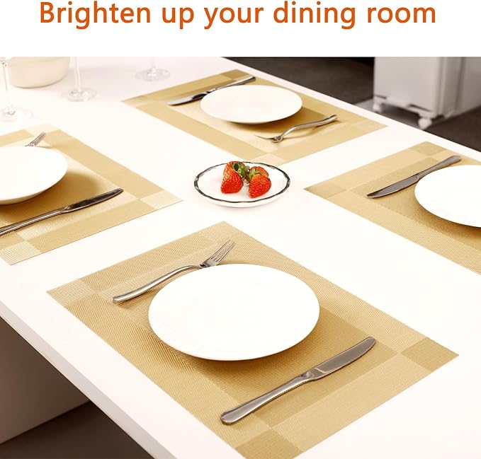 Placemats Set of 12 Washable&Wipeable Place mats for Dining Table Kitchen Indoor Outdoor Table Mats Heat Resistant Non Slip Woven Vinyl Table Placemats (Gold，12PCS)
