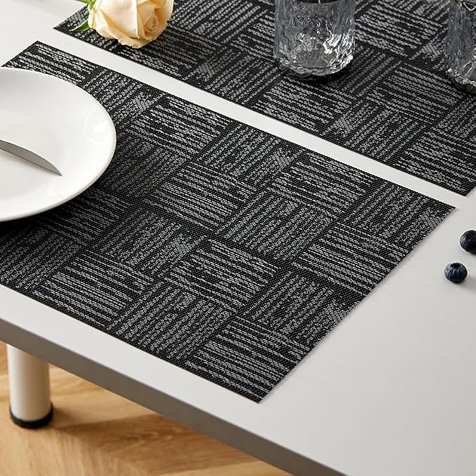 Black Placemats Set of 4, Plastic Vinyl 18" x 12" Place Mats for Dinner Table, No-Slip Wipeable Table Mats Daily Use Patio Kitchen Decoration