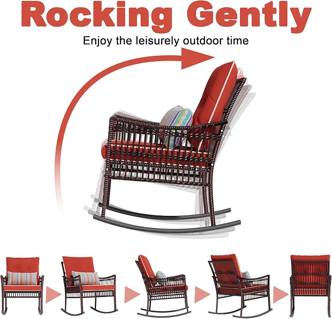 DECMICO 3-Piece Outdoor Rocking Chair Set, Wicker Bistro Furniture | Orange - Image 4