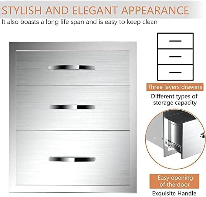 BBQ Outdoor Kitchen Drawers Stainless Steel 3-Drawer Enclosed Built-in Flush Mount for Outdoor Kitchens & BBQ Islands, 18Wx23Dx21H