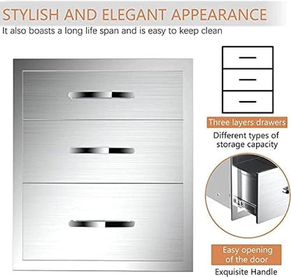 BBQ Outdoor Kitchen Drawers Stainless Steel 3-Drawer Enclosed Built-in Flush Mount for Outdoor Kitchens & BBQ Islands, 18Wx23Dx21H