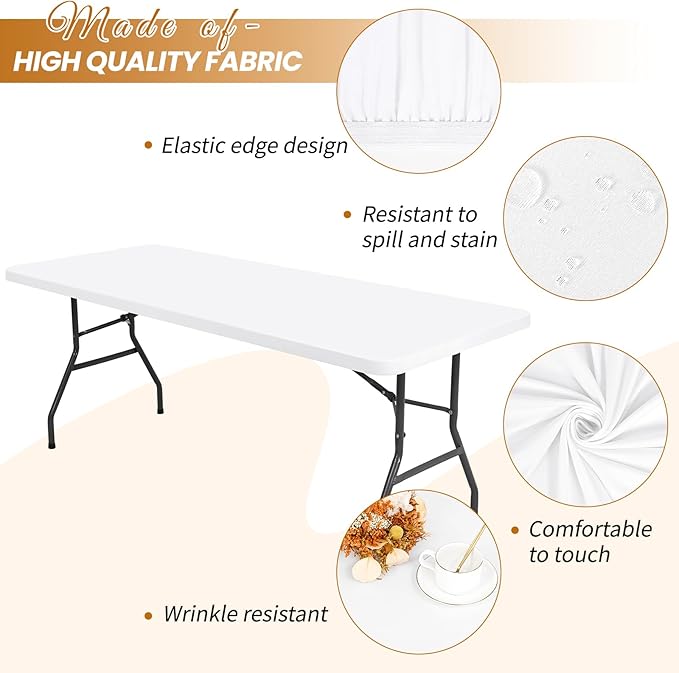 6 Pack Stretch Fabric Table Top Cap Cover, fits 8Ft Tables, Spandex Table Covers Washable Elastic Universal Rectangle Tablecloth Protector for Indoor Outdoor Party Picnic Wedding, White, 30" W x 96" L