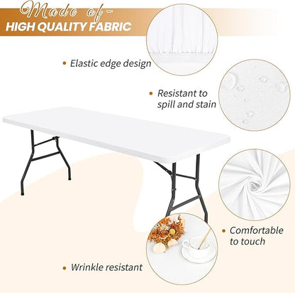 6 Pack Stretch Fabric Table Top Cap Cover, fits 8Ft Tables, Spandex Table Covers Washable Elastic Universal Rectangle Tablecloth Protector for Indoor Outdoor Party Picnic Wedding, White, 30" W x 96" L
