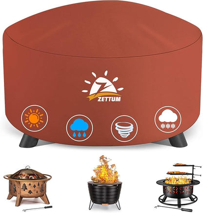 Zettum Fire Pit Cover Round 40 Inch - Outdoor Firepit Cover Heavy Duty & Waterproof, 600D Patio Fire Table Covers Gas Fire Pit Accessories Fade & Weather Resistant Brown - 40 x 40 x 20 Inch