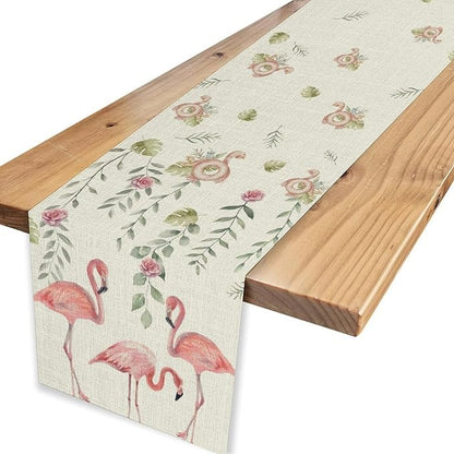 Flamingo Table Runner,Rustic Boho Grey Leaf Pink Rose Floral Tropical Bird Pattern Table Center Decor for Family Kitchen and Living Room Outdoor Farmhouse Party Table Decorations, 13"x90"