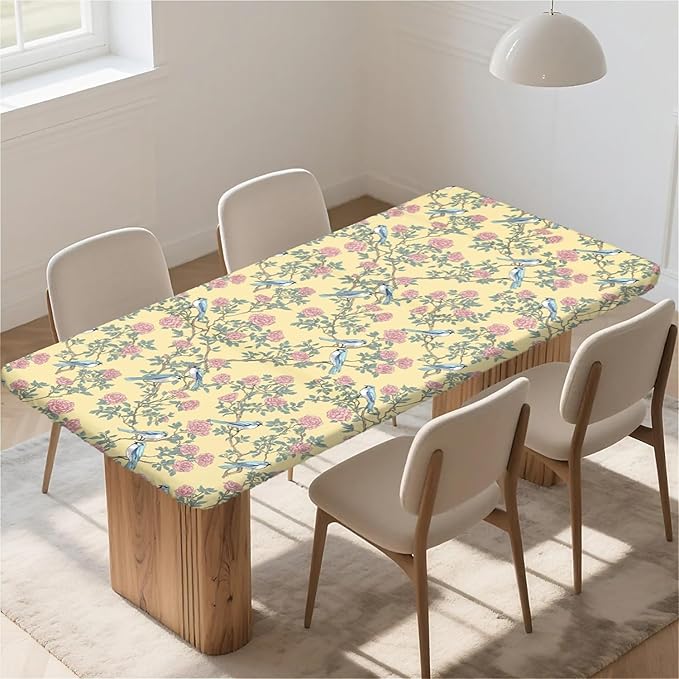 Rectangle Table Cloth Cover Waterproof Elastic Fitted Polyester Fitted Tablecloths for 6 Foot Tables for Indoor,Picnic, Camping, Outdoor （60" x 30"，Bird）