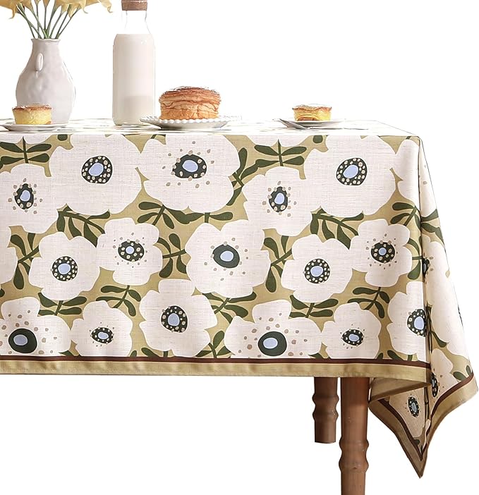 Designer Vintage Long Rectangular Tablecloth,Linen French Tablecloth with White Floral Pattern,Decor Table Cover for Kitchen,Dining,Thanksgiving,Tea Party,63" × 94"-Hidaka