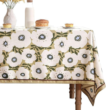 Designer Vintage Rectangular Tablecloth,Linen French Extra Long Tablecloth with White Floral Pattern,Decor Table Cover for Kitchen,Dining,Thanksgiving,Party,63" × 110"-Hidaka