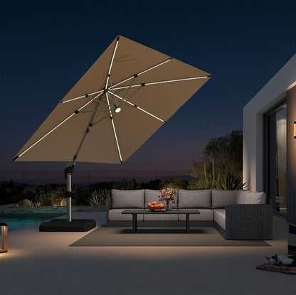 PURPLE LEAF Cantilever Umbrella 10' X 10' Solar LED Light Patio Deck, Support by PURPLELEAF