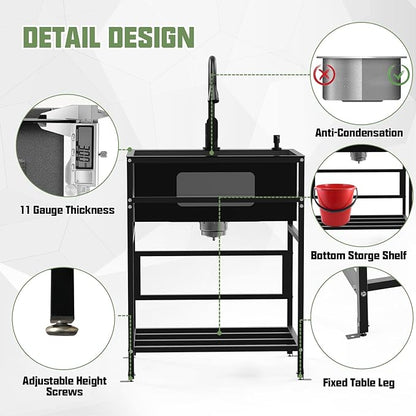 Black utility sink, 25x18 Inch Stainless Steel Freestanding Laundry Sink Practicality With Accessories-Black Faucet,Soap Dispenser, SS Sink Grid, Colander For Laundry,Garage,Outdoor Kitchen,Garden...